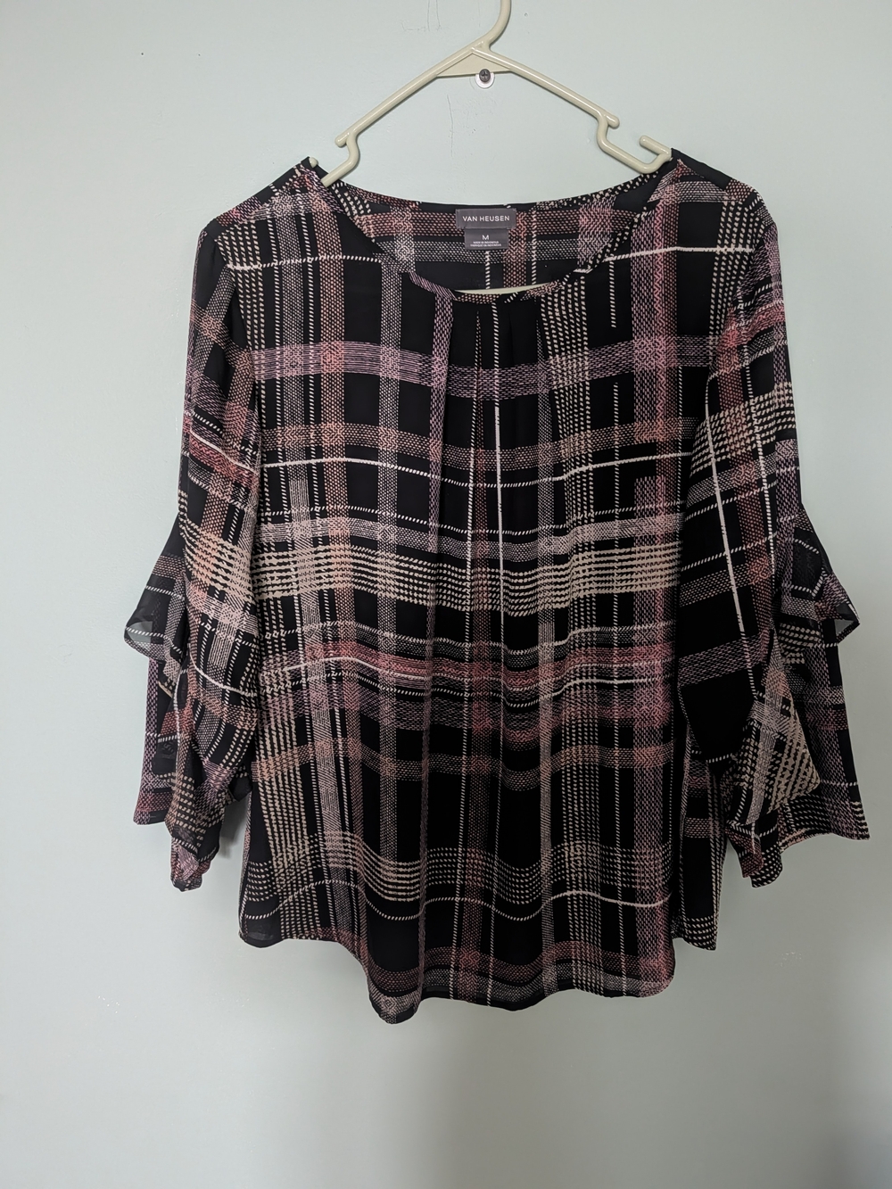 Van HeusenPlaid Ruffle-Sleeve Blouse